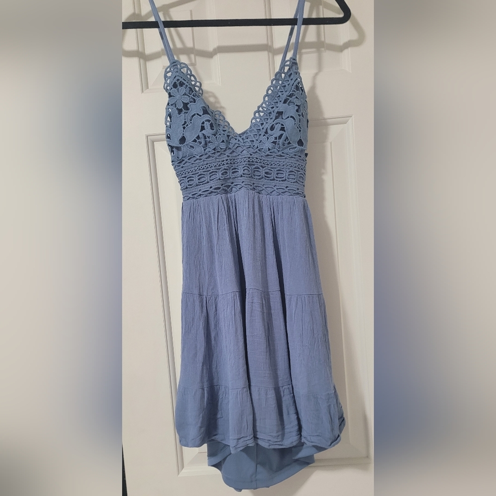 Windsor Light Blue Crochet Bust Tiered Mini Dress